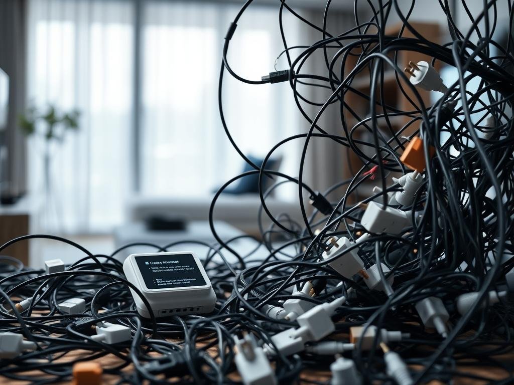 a tangled web of wires and cables, crisscrossing and overlapping, creating a chaotic and confusing mess. in the foreground, a smart home device sits, seemingly disconnected and isolated, its display flickering with error messages. the middle ground is filled with a jumble of incompatible plugs, adapters, and sockets, each one a potential point of failure. the background is a blurred, hazy representation of a modern living space, conveying a sense of frustration and technological complexity. the lighting is harsh and unforgiving, casting harsh shadows and highlighting the disorder. the overall mood is one of technological disarray, a visual representation of the "device compatibility issues" that plague smart home setups.