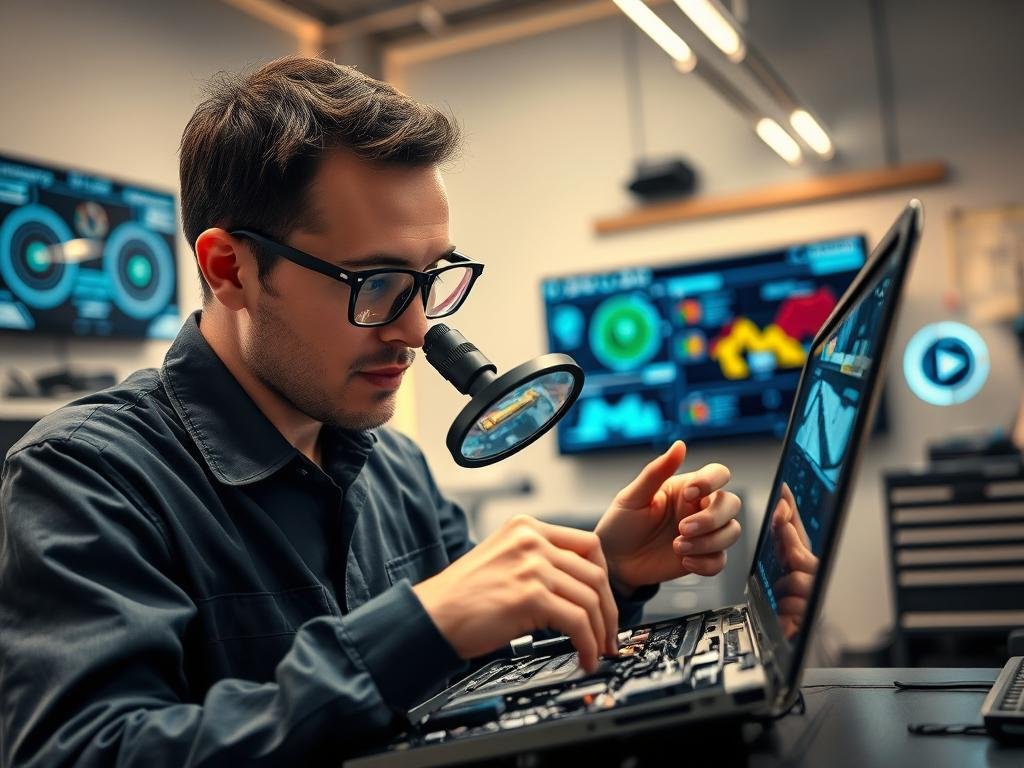 A technician in a well-lit repair shop, meticulously examining a disassembled laptop through a magnifying glass. In the background, a wall-mounted display shows diagnostic readouts and AI-generated repair recommendations. The technician's expression is one of thoughtful concentration, their hands delicately manipulating the components. Warm, diffused lighting creates a sense of focus and professionalism, while the sleek, modern workshop setting suggests the integration of advanced technology into the repair process.
