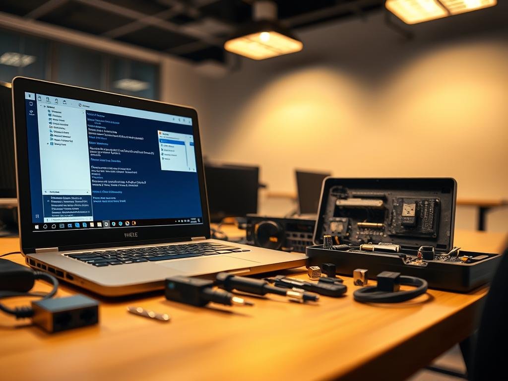 a technician's desk, illuminated by warm overhead lighting, displays a laptop and various computer components. in the foreground, the laptop screen shows the process of updating ethernet drivers, with windows and dialog boxes displaying technical information. the middle ground features an open toolbox and a variety of cables, adapters, and tools, suggesting a focused and methodical approach to troubleshooting. the background blurs into a clean, minimalist office setting, conveying a sense of professionalism and attention to detail. the overall atmosphere is one of concentration and problem-solving, capturing the essence of the "updating network drivers" section.