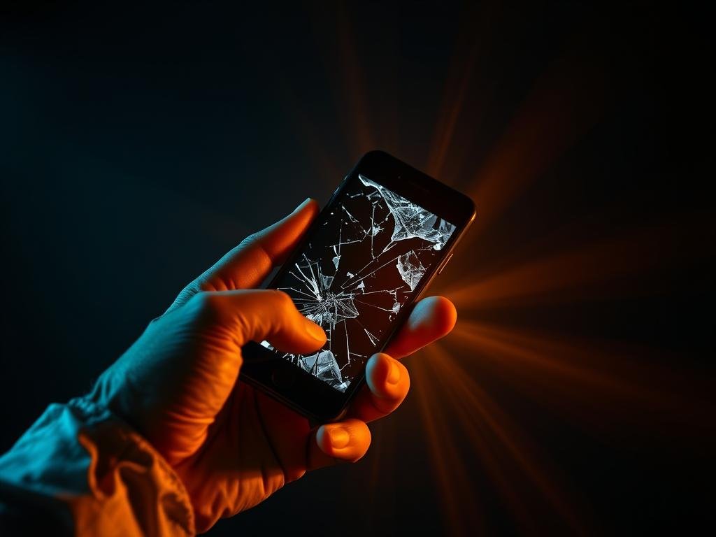 A technician's hand carefully examining a damaged smartphone, its screen shattered, against a dark, moody backdrop. Beams of warm, focused lighting illuminate the device, casting dramatic shadows. The scene conveys a sense of urgency and the need to recover crucial data from the non-responsive device. The image should evoke a feeling of problem-solving and the determination to retrieve important information, despite the device's compromised state.