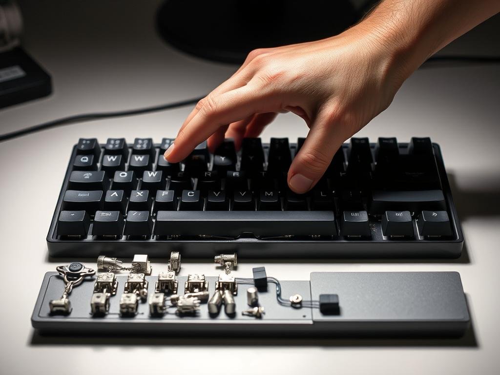 A technician's hand delicately prying open the casing of a mechanical keyboard, exposing the intricate inner workings. The desktop surface is illuminated by a soft, diffused light, casting gentle shadows and highlighting the metallic components. The keyboard's keycaps are disassembled, revealing the individual switches and stabilizers that need careful attention. The scene conveys a sense of focused precision, as the technician meticulously inspects and troubleshoots the stuck keys, ready to apply their expertise to restore the keyboard's smooth and responsive operation.