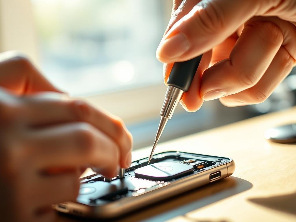 A technician's hands carefully disassembling a smartphone, a precision screwdriver delicately removing components as sunlight streams through a window, creating a warm, focused atmosphere. The smartphone's internal mechanisms are visible, showcasing the intricate engineering behind the device. The background is blurred, emphasizing the task at hand. The scene conveys the importance of proper maintenance and the attention to detail required to ensure the phone's proximity sensor functions optimally.