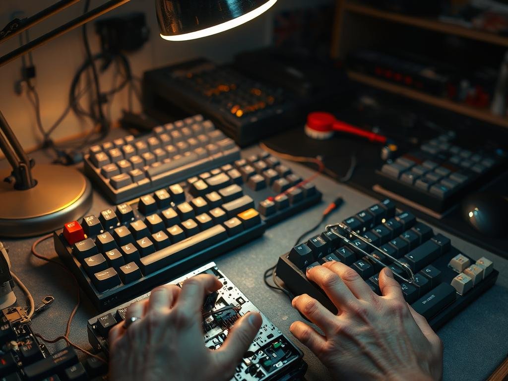 A technician's workbench, illuminated by a warm desk lamp, showcases an array of mechanical keyboards in various states of disrepair. Intricate, close-up views of the keyboard's internals reveal the delicate connections and circuitry that power each key. Hands carefully navigate the intricate web of wires, switches, and stabilizers, troubleshooting and making precise adjustments to restore the keyboard's functionality. The scene conveys a sense of focused problem-solving, with a subtle backdrop of technological components and tools, creating an atmosphere of meticulous, hands-on repair.