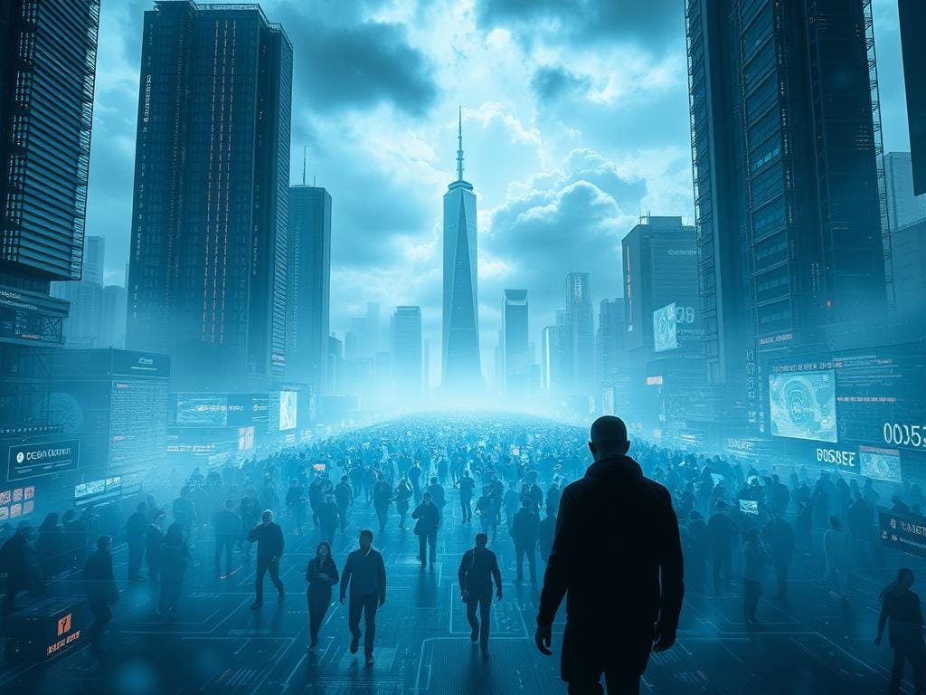 A technologically-advanced metropolis shrouded in digital haze, where towering skyscrapers and holographic interfaces collide. In the foreground, a lone figure navigates the maze-like landscape, their path obstructed by glitching data streams and security protocols. The middle ground reveals a bustling crowd, their faces obscured by augmented reality overlays, grappling with the complexities of this new virtual realm. In the background, ominous clouds loom, hinting at the underlying challenges and uncertainties that loom over the metaverse's future. The scene is bathed in a cool, ethereal light, conveying a sense of both wonder and unease.