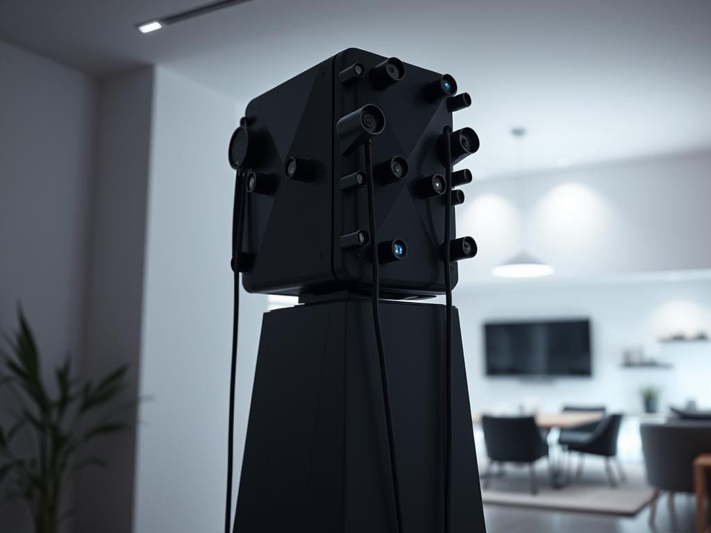A towering, sleek security device stands in the foreground, its angular form casting sharp shadows. Numerous sensors and lenses protrude from its surface, conveying a sense of omniscient surveillance. In the middle ground, a minimalist smart home interior is illuminated by soft, ambient lighting, hinting at the protected space beyond. The background fades into a subtle, muted palette, emphasizing the focal point of the intrusion detection system - a technological sentinel guarding the sanctity of the modern home.