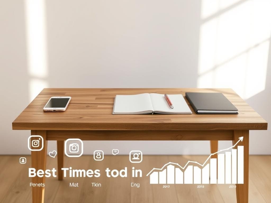 A tranquil, serene environment with a wooden table against a backdrop of a soft, pastel-colored wall. On the table, an assortment of modern, minimalist business-related objects such as a smartphone, tablet, and a notebook. The lighting is natural and diffused, creating a calming atmosphere. In the foreground, various social media icons and graphs are subtly displayed, hinting at the optimal posting times on Instagram. The overall composition is balanced, focusing on the simplicity and elegance of the scene, reflecting the "Best Times to Post on Instagram" theme.