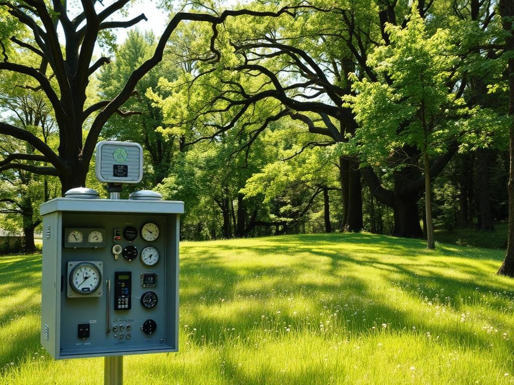 A tranquil, sun-dappled clearing in a lush, verdant forest. In the foreground, a sturdy, weather-resistant enclosure houses an array of meteorological instruments - anemometers, thermometers, barometers, and hygrometers. The instruments are precisely calibrated, their digital displays casting a soft glow. In the middle ground, a grassy meadow slopes gently, dotted with wildflowers that sway in the gentle breeze. The background is a dense canopy of towering oak and maple trees, their leaves rustling in the fresh, invigorating air. The scene conveys a sense of scientific purpose and environmental harmony, the perfect setting for a weather station that will gather invaluable data while blending seamlessly into the natural landscape.