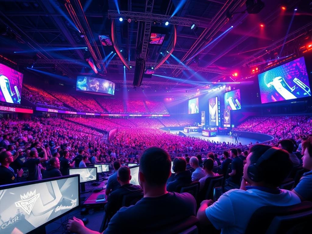 A vast arena filled with vibrant lights and thunderous cheers, capturing the essence of major esports tournaments. In the foreground, professional gamers engage in intense competition, their faces etched with determination as they command their virtual battlefields. The middle ground showcases a sea of spectators, their eyes glued to the larger-than-life screens, their excitement palpable. In the background, towering digital displays and sleek, futuristic stage designs set the scene, evoking the scale and grandeur of these global esports spectacles. The image is bathed in a cool, neon-infused lighting, lending an air of technological sophistication and high-stakes drama to the scene. The overall composition conveys the thrill, the passion, and the unparalleled scale of the most prestigious esports tournaments.