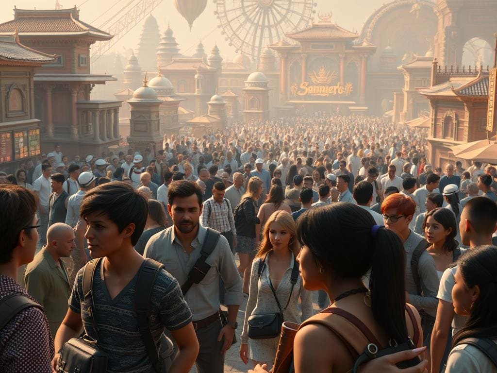 A vast, bustling virtual world filled with captivating AI-powered NPCs. In the foreground, lifelike characters engaged in dynamic conversations, their expressions and body language conveying a sense of intelligence and autonomy. In the middle ground, a diverse cast of NPCs going about their daily routines, their behaviors and interactions shaped by advanced decision-making algorithms. The background features a richly detailed environment, with architectural structures, ambient effects, and environmental interactions that seamlessly integrate the NPCs into a cohesive, immersive landscape. Soft, warm lighting illuminates the scene, creating a sense of depth and realism. Captured through a cinematic, wide-angle lens, the image conveys the vibrant, evolving nature of AI-powered NPCs in modern video games.