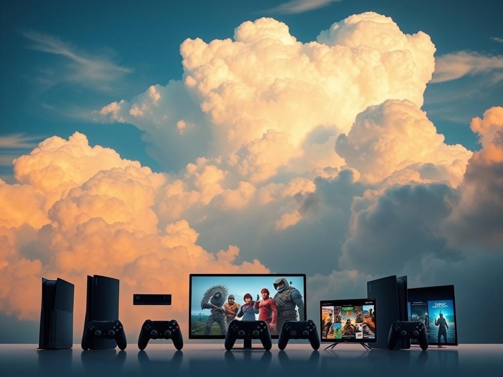 A vast cloud-filled sky serves as the dramatic backdrop, casting a serene, ethereal atmosphere. In the foreground, a meticulously rendered array of game console silhouettes, each representing a different cloud gaming platform, are neatly arranged against a sleek, minimalist UI interface. The midground showcases a vibrant collage of iconic game characters and cover art, capturing the rich and diverse library of titles available across the cloud gaming ecosystem. Warm, directional lighting illuminates the scene, creating depth and emphasizing the premium quality of the digital gaming experience. A sense of technological prowess and endless gaming possibilities permeates the entire composition.
