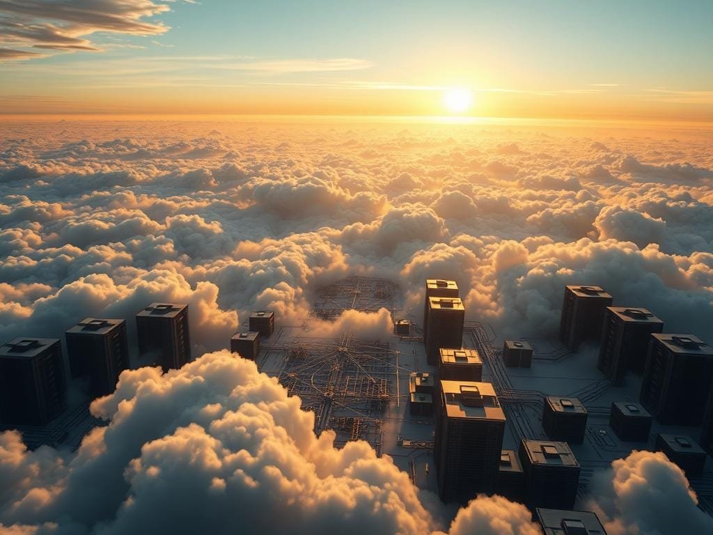 A vast cloud landscape, where servers and data centers seamlessly blend into the horizon. In the foreground, a trio of cloud icons - AWS, Azure, and GCP - stand as beacons, representing the interconnected nature of multi-cloud solutions. The midground features a complex web of virtual networks, load balancers, and containerized applications, all working in harmony to deliver a unified user experience. The background is bathed in a warm, golden light, conveying a sense of stability and reliability. The overall scene evokes a futuristic, yet grounded vision of the modern, hybrid cloud ecosystem.