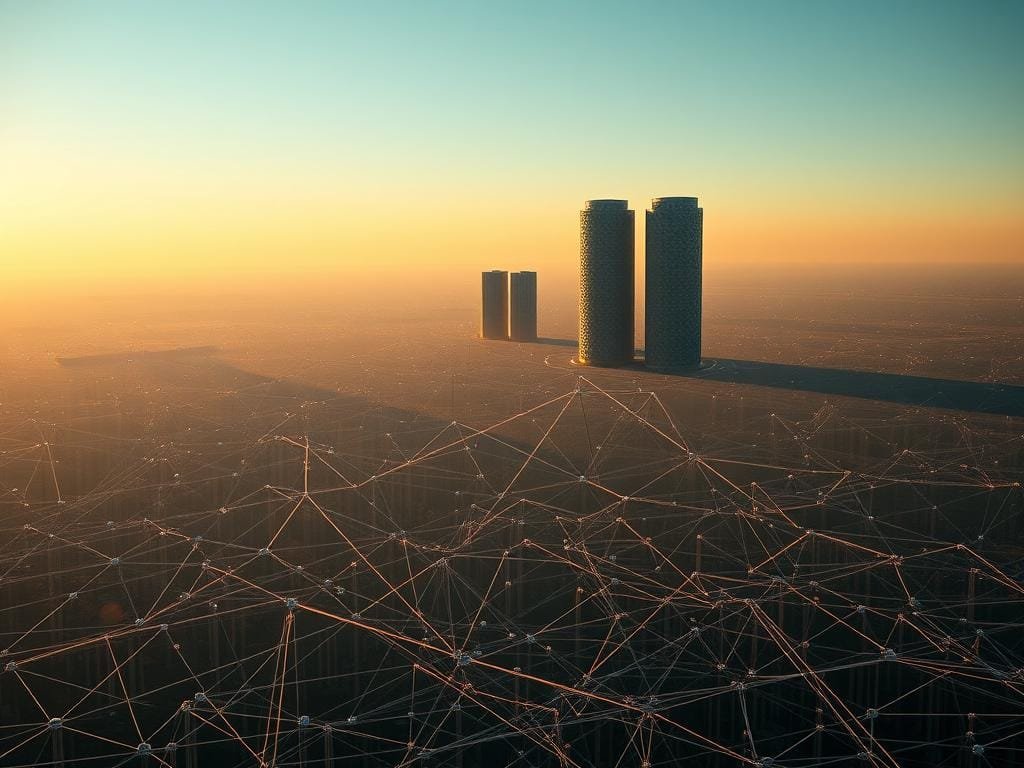 A vast, decentralized network of interconnected nodes, representing the scalability challenges facing decentralized social media. In the foreground, a tangled web of digital pathways, symbolizing the complexities of data distribution and storage. Towering data centers loom in the middle ground, casting long shadows across the landscape, hinting at the immense computational power required. In the background, a horizon of blockchain-inspired geometric shapes, conveying the promise of distributed consensus and secure transactions. Warm lighting casts a contemplative glow, evoking the ongoing quest to reconcile technological innovation with the needs of a global, user-centric social ecosystem.