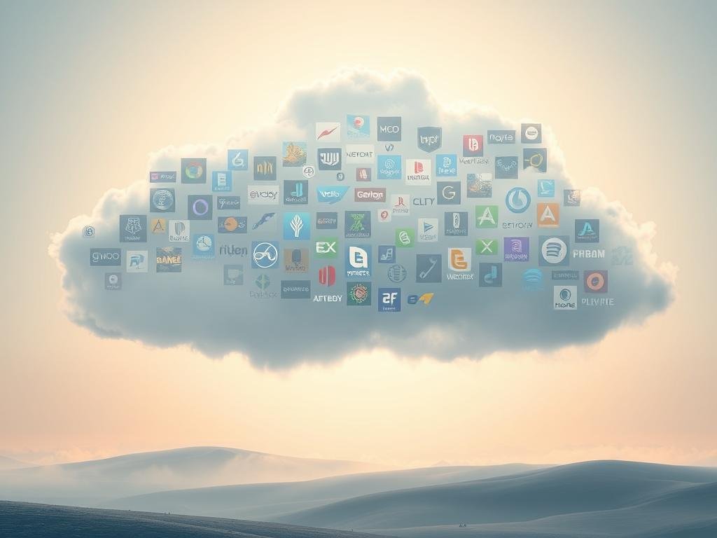 A vast, ethereal cloud-like structure hovers above a serene, minimalist landscape. Within the translucent, ever-shifting formations, a diverse array of game icons and logos are seamlessly integrated, creating the impression of a vast, boundless gaming library available at one's fingertips. Soft, diffused lighting from an unseen source bathes the scene in a warm, dreamlike glow, conveying a sense of accessibility and boundless potential. The composition is balanced, with the cloud-like structure occupying the central focus, while the understated background allows the gaming elements to take center stage. The overall mood is one of awe, wonder, and the limitless possibilities of cloud gaming.