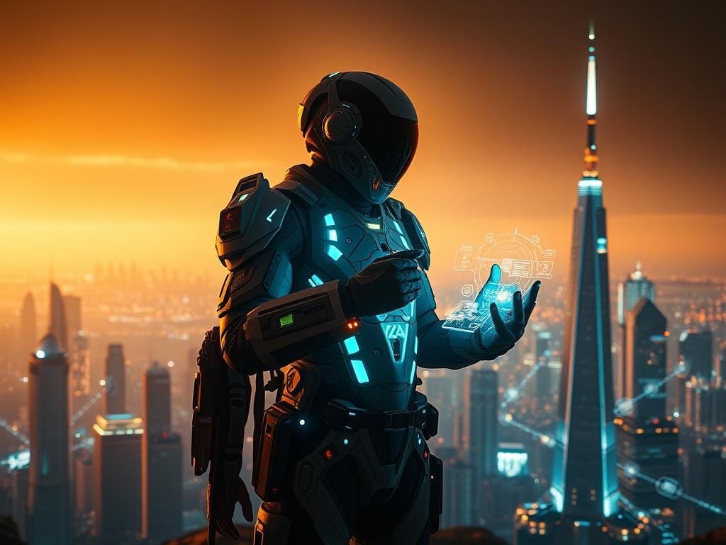 A vast, futuristic cityscape stretched out before the viewer, its towering skyscrapers and gleaming spires illuminated by a vibrant, holographic display. In the foreground, a figure stood, clad in a sleek, advanced exosuit, their hands manipulating a series of holographic controls and interfaces. The suit's intricate mechanisms whirred and pulsed with energy, hinting at the powerful capabilities at the user's fingertips. The scene was bathed in a warm, amber glow, creating a sense of technological wonder and exploration. The perspective was slightly elevated, allowing the viewer to take in the grandeur of the city and the intimate details of the figure's interactions with the advanced, sci-fi technology.