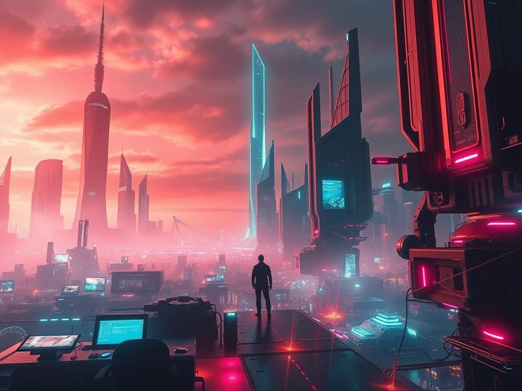 A vast, futuristic landscape dominates the scene, with towering skyscrapers and sleek, angular structures piercing the sky. The foreground is alive with the glow of holographic displays and the hum of advanced technology, casting an ethereal, neon-tinged light across the environment. In the middle ground, a lone figure stands amidst the bustling cityscape, their form partially obscured by the vibrant, pulsing lights. The background is a tapestry of intricate, interconnected systems, with holographic interfaces and advanced machinery seamlessly integrated into the urban setting. The overall atmosphere evokes a sense of progression, innovation, and the boundless potential of the sci-fi genre.