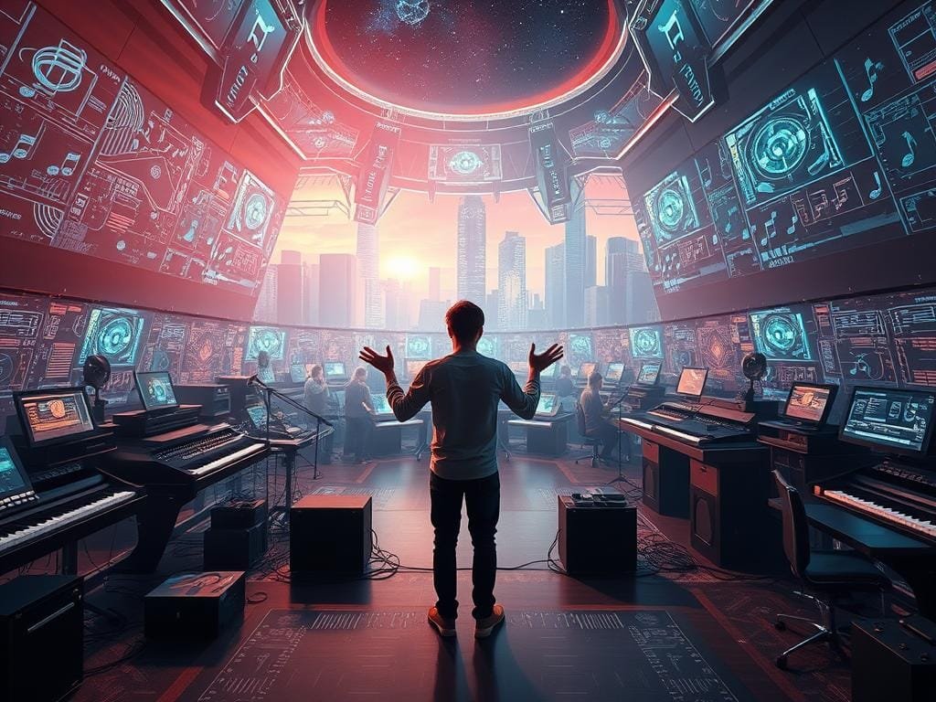 A vast, futuristic music studio filled with holographic displays, levitating instruments, and swirling data visualizations. In the foreground, a composer stands amidst a symphony of AI-generated melodies, hands gesturing to sculpt the musical landscape. Warm, saturated lighting casts a dreamlike glow, while the background reveals a cityscape of towering skyscrapers and a starry night sky. The atmosphere is one of boundless creativity, where human and machine merge to push the boundaries of musical expression.