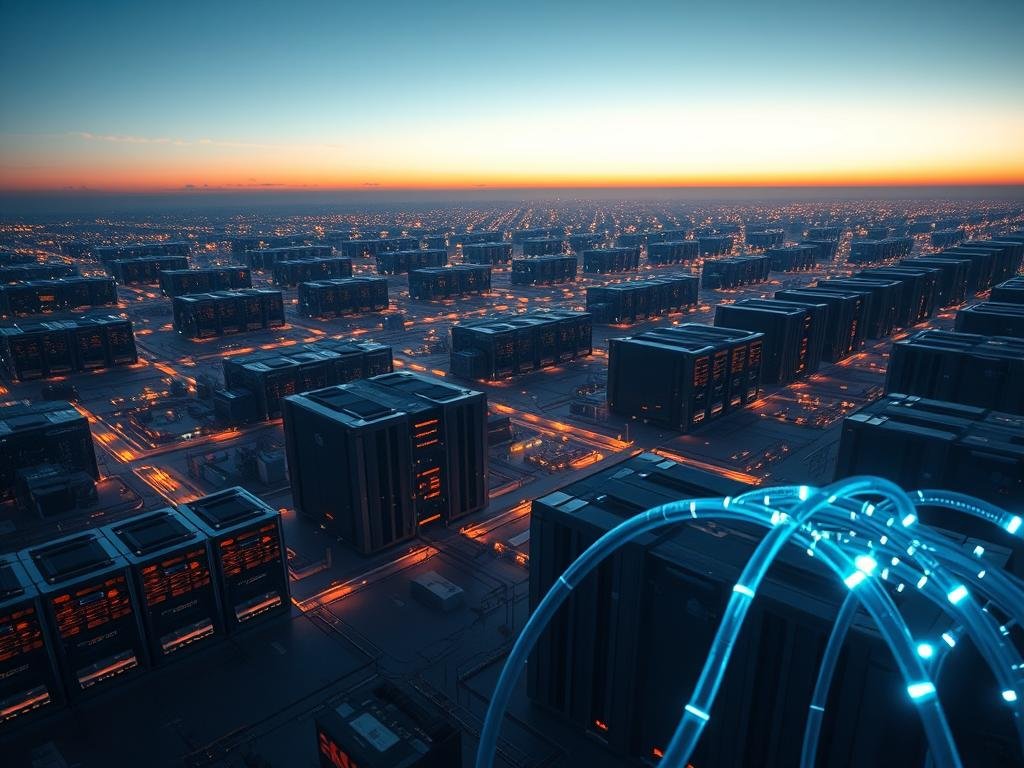 A vast, interconnected network of servers, routers, and data centers stretching across a twilight-hued sky. Sleek, futuristic structures housing powerful computing rigs, their cooling systems humming softly. In the foreground, a high-bandwidth internet cable snakes through the scene, pulsing with digital energy. The overall atmosphere conveys the scale, complexity, and vital importance of the cloud gaming infrastructure that enables seamless, low-latency experiences for players worldwide, untethered from physical hardware. Soft, directional lighting casts dramatic shadows, emphasizing the technological prowess powering this new frontier of gaming.