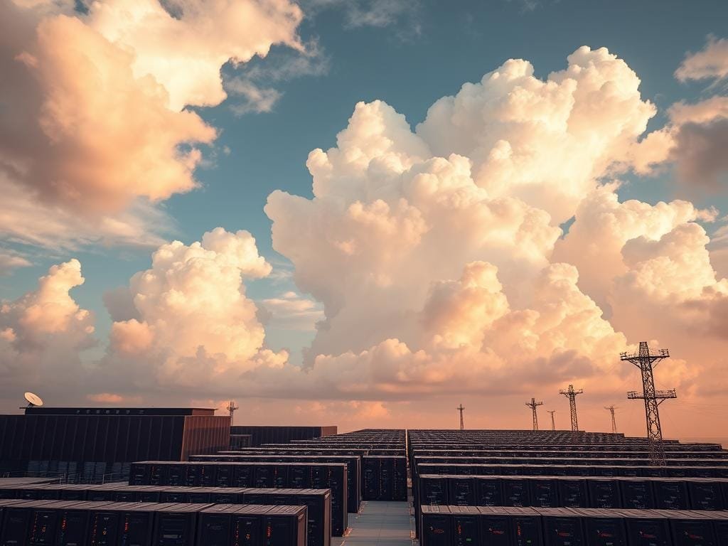 A vast sky filled with cumulus clouds, their billowing forms casting dynamic shadows upon a sprawling data center below. The facility's sleek, angular architecture blends seamlessly with the landscape, its facade reflecting the endless expanse above. Rows of server racks stand at the ready, their flashing lights and cooling fans a symphony of big data processing. Cutting-edge satellite dishes and network towers punctuate the scene, symbolizing the global reach of cloud computing. Warm, diffused lighting illuminates the entire composition, evoking a sense of power, innovation, and technological progress.