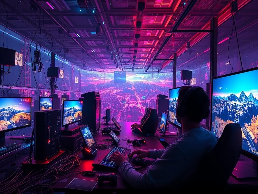A vast, sprawling virtual world, bathed in the glow of screens and pulsing with the energy of online gaming. In the foreground, a player sits transfixed, fingers dancing across a sleek, state-of-the-art gaming setup, their face illuminated by the captivating visuals on the high-resolution display. Surrounding them, a maze of cables and peripherals, the tools of their craft. In the middle ground, a network of interconnected devices, representing the infrastructure that enables seamless, low-latency online gameplay. The background is a tapestry of abstract, digitized landscapes, hinting at the boundless possibilities of the gaming metaverse. Vibrant colors, dynamic lighting, and a sense of immersion pervade the scene, capturing the essence of the evolving role of streaming in gaming subscriptions.