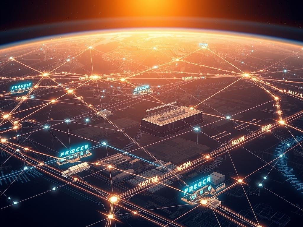 A vast supply chain network, intricately connected by blockchain technology. In the foreground, a series of product transactions are visualized as glowing nodes and lines, tracing the journey from raw materials to finished goods. In the middle ground, warehouse facilities and transportation hubs are depicted, their operations streamlined and transparent through blockchain integration. The background showcases a global landscape, with satellite imagery and data visualizations highlighting the far-reaching impact of this transformative technology. Warm lighting casts a sense of efficiency and progress, while the overall composition conveys the scale, interconnectivity, and data-driven nature of modern supply chains empowered by blockchain.