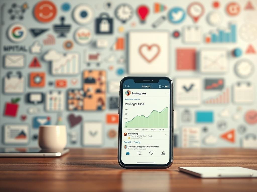 A vibrant, aesthetically pleasing visual marketing scene. In the foreground, a stylized social media post with engaging imagery and minimal text overlays, showcasing the impact of posting time on engagement. In the middle ground, a smartphone displaying Instagram analytics, highlighting the increase in likes and comments during optimal posting windows. The background features a collage of marketing icons, digital devices, and data visualizations, conveying the technical and analytical aspects of effective social media strategies. The lighting is soft and warm, creating a professional, modern atmosphere. The composition is balanced, drawing the viewer's eye through the various layers of the scene.