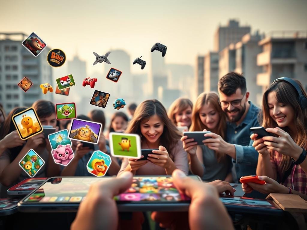 A vibrant and diverse array of mobile gaming genres unfolds, captured in a captivating visual composition. In the foreground, a group of colorful game icons representing popular categories such as casual, puzzle, action, and strategy games float against a backdrop of sleek, modern smartphone screens. The middle ground features a dynamic array of mobile gamers immersed in their play experiences, with a range of expressions reflecting the engaging and immersive nature of the games. In the background, a soft, hazy cityscape provides a subtle, urban setting, evoking the on-the-go, portable nature of mobile gaming. Lighting is warm and inviting, creating a sense of energy and excitement. The overall tone is one of exploration, discovery, and the thrill of the gaming experience, seamlessly integrated into the daily lives of modern mobile users.