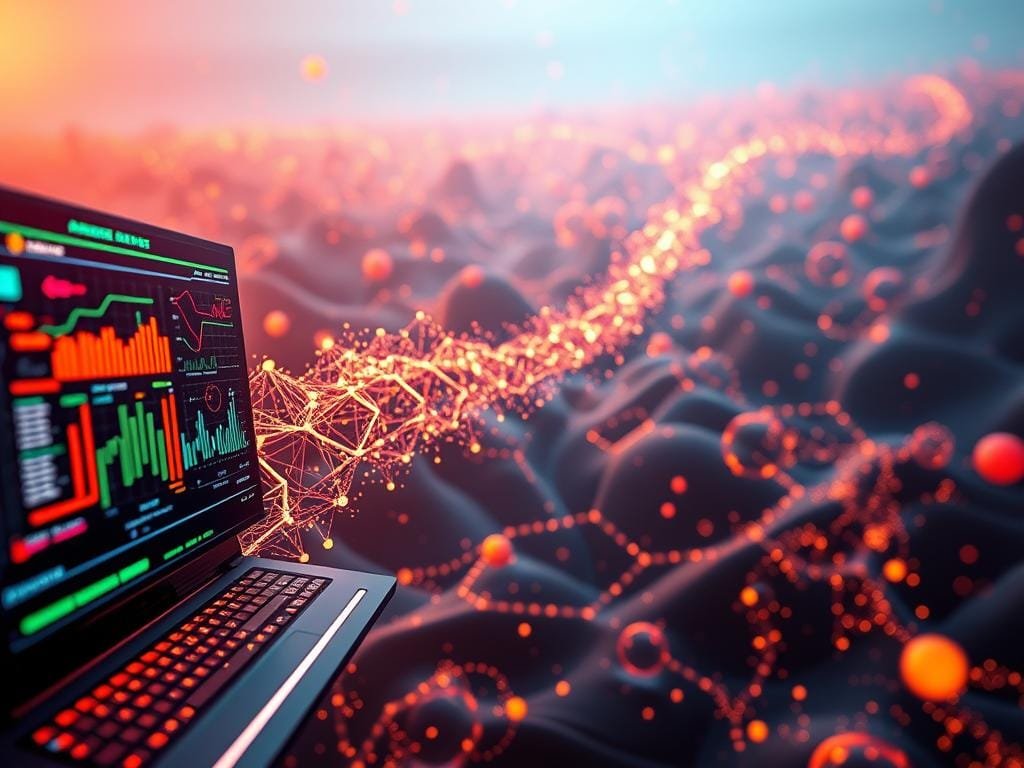A vibrant and dynamic scene depicting the essence of AI creativity technology. In the foreground, a sleek and futuristic AI interface with an array of colorful data visualizations, showcasing the intricate algorithms and machine learning models at work. In the middle ground, a cascading stream of digital particles and glowing geometric shapes, representing the flow of information and the generative process. In the background, a vast, ethereal landscape of shimmering fractal patterns and holographic textures, evoking the boundless potential of AI-driven creativity. Warm, diffused lighting casts a sense of depth and wonder, while a subtle depth of field blur heightens the sense of immersion. The overall composition conveys the power, complexity, and boundless creativity of AI technology.