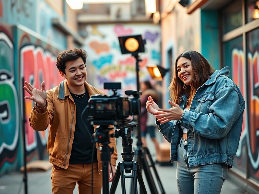 A vibrant and dynamic scene of two TikTok creators collaborating on a video shoot. In the foreground, the two influencers, one male and one female, stand side by side, energetically gesturing as they discuss the concept for their joint content. They are dressed in stylish, on-trend outfits, their expressions animated and engaged. In the middle ground, a professional-grade camera and lighting equipment are set up, suggesting a high-production feel. The background features a colorful, urban setting, with vibrant graffiti-covered walls and a hint of bustling city life, adding to the youthful, creative atmosphere. The lighting is warm and natural, capturing the warmth and excitement of the collaborative process. An overall sense of collaboration, creativity, and social media influence permeates the scene.