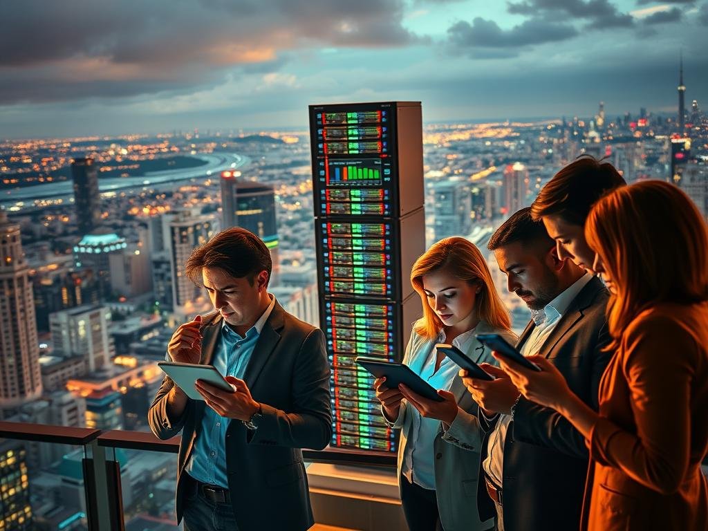 a vibrant and dynamic scene showcasing the benefits of multi-cloud management tools for cloud security compliance. in the foreground, a group of business professionals collaboratively reviewing cloud compliance dashboards on their devices, their expressions focused and determined. the middle ground features a towering stack of data servers, their status indicators glowing with various colors, symbolizing the complexities of multi-cloud infrastructure. in the background, a panoramic view of a bustling city skyline, representing the expansive reach of cloud operations. the scene is illuminated by warm, directional lighting, casting dramatic shadows and highlighting the importance of cloud security oversight. the overall atmosphere conveys a sense of efficiency, control, and technological prowess in the face of the ever-evolving cloud security landscape.