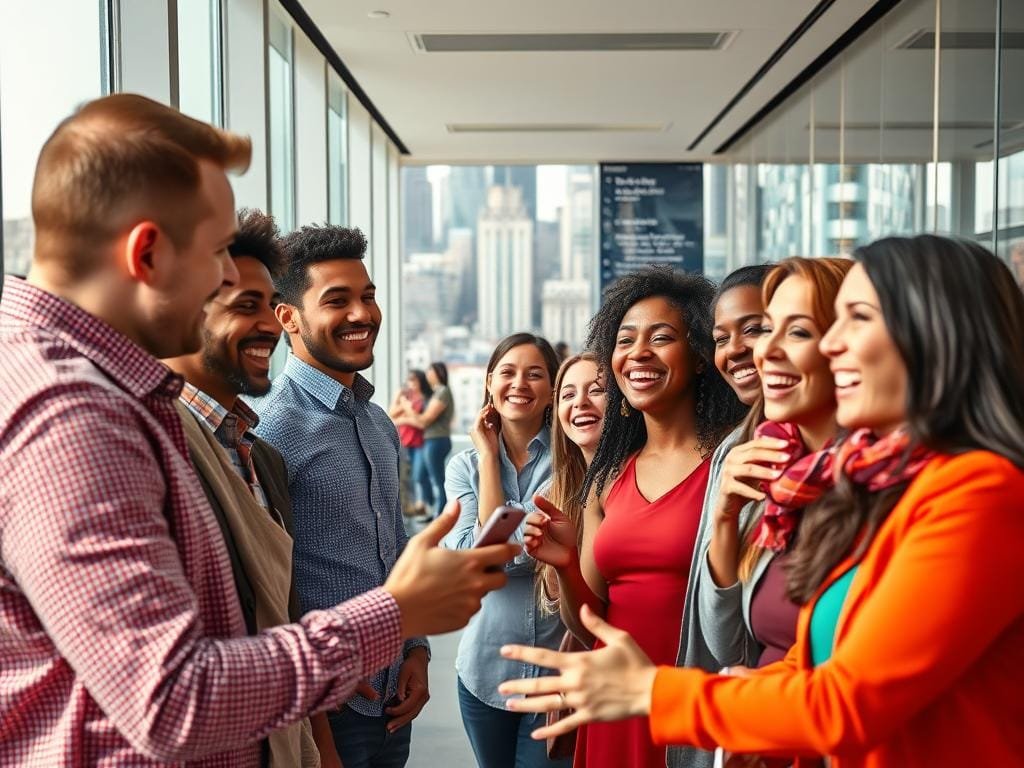 A vibrant and engaging scene depicting customer satisfaction. In the foreground, a group of diverse individuals enthusiastically engage with a representative of a company, their expressions radiating joy and satisfaction. The middle ground showcases a sleek, modern office setting, with clean lines and bright, natural lighting pouring in through large windows. In the background, a bustling cityscape serves as a backdrop, conveying a sense of a thriving, dynamic business environment. The overall atmosphere is one of collaboration, trust, and a genuine connection between the customers and the company, capturing the essence of fan engagement and community involvement.