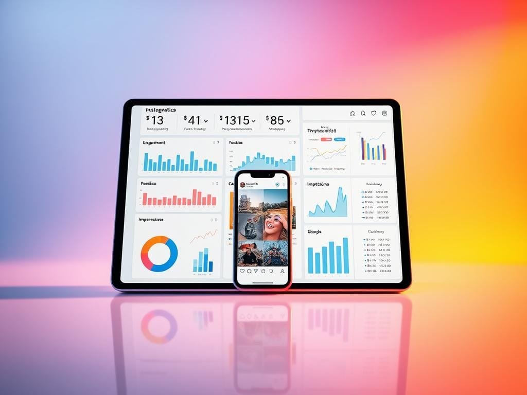 A vibrant and immersive analytics dashboard showcasing key metrics for an Instagram collaboration post. In the foreground, a sleek tablet display presents a clean, minimalist interface with charts, graphs, and data visualizations tracking engagement, reach, impressions, and other vital statistics. The middle ground features a smartphone showcasing the collaboration post in situ, surrounded by social media icons and digital analytics tools. The background blurs into a soft, gradient-rich environment, creating a sense of technological sophistication and digital-centric productivity. The lighting is crisp and directional, highlighting the precision and clarity of the data presentation. The overall tone is one of professionalism, insight, and a data-driven approach to measuring the success of an Instagram collaboration.