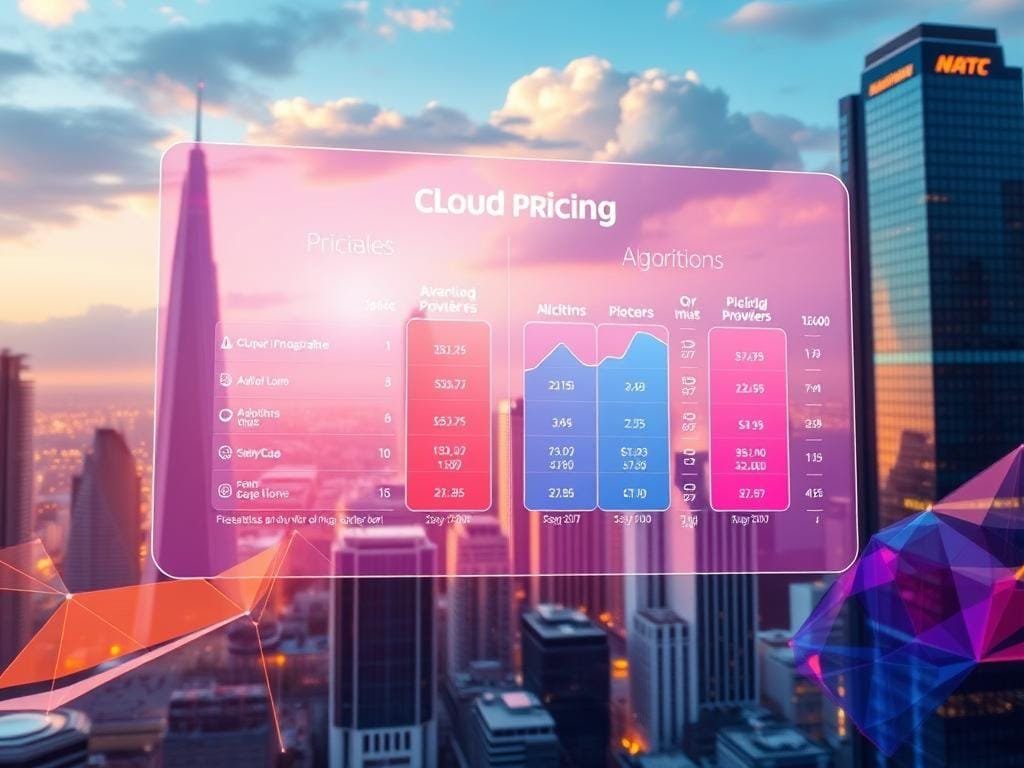 A vibrant, data-driven visualization of cloud pricing comparison. In the foreground, a holographic display shows a side-by-side comparison of major cloud providers' pricing models, with dynamic charts and graphs. The middle ground features abstract polygonal shapes and gradients, representing the complex algorithms and algorithms underlying cloud infrastructure. In the background, a futuristic cityscape with towering skyscrapers and glistening glass facades, symbolizing the technological advancements that drive the cloud computing industry. The scene is bathed in a warm, golden light, evoking a sense of progress and innovation. The overall mood is one of data-driven decision making, financial optimization, and the transformative power of cloud computing.
