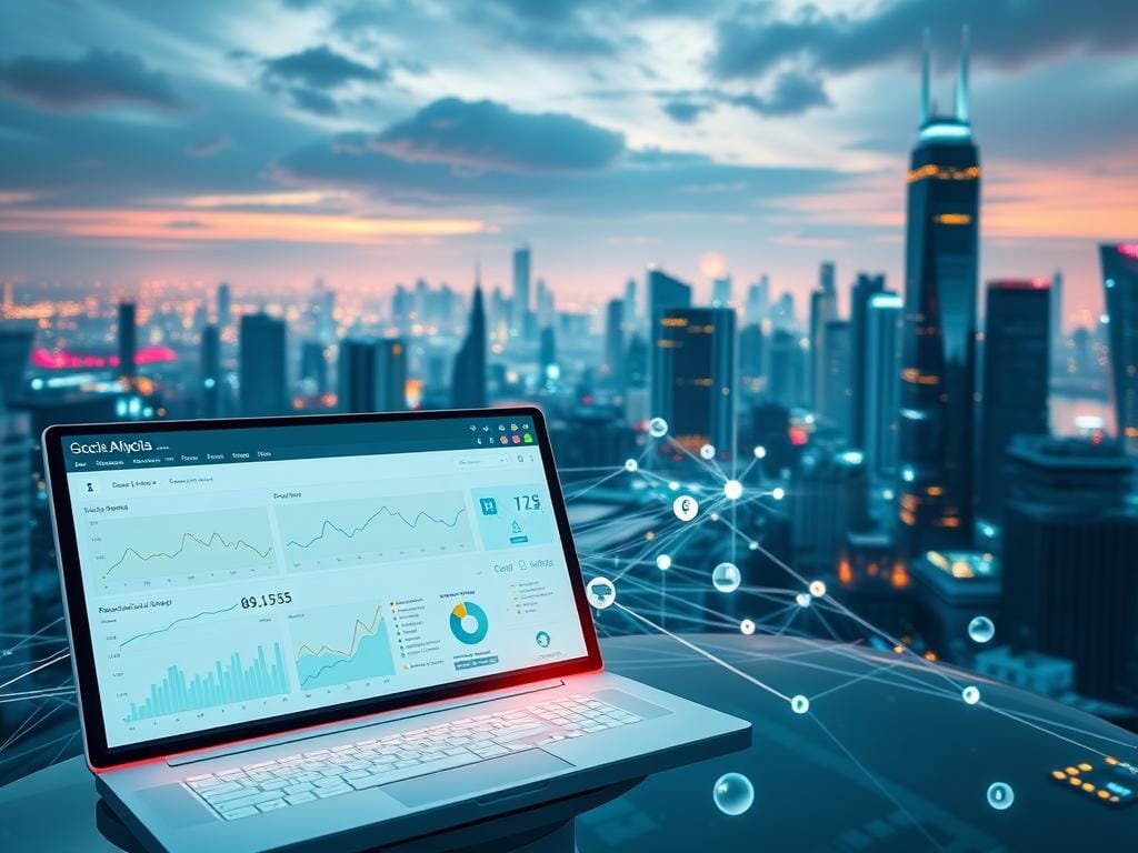 A vibrant digital landscape showcasing the power of social media analytics. In the foreground, a sleek dashboard displays real-time data and insightful visualizations, illuminated by a soft, warm glow. The middle ground features a network of interconnected social platforms, their icons and logos pulsing with activity. In the background, a cityscape of skyscrapers and digital infrastructure, bathed in a cool, futuristic hue, represents the global reach and scale of social media. The scene conveys a sense of control, clarity, and the transformative potential of data-driven social media strategies.