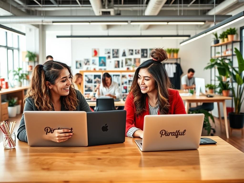 A vibrant, dynamic collaboration scene on Pinterest. In the foreground, two stylishly dressed influencers sit at a wooden table, laptops open, discussing a mood board filled with colorful product images and artful pins. Behind them, the middle ground features a lively office setting with team members brainstorming ideas, surrounded by shelves of stationery, plants, and Pinterest-inspired decor. The background showcases a modern, well-lit open-plan space, with large windows allowing natural light to flood in, creating a warm, productive atmosphere. The overall scene conveys a sense of creative energy, strategic planning, and the power of influencer partnerships to drive engagement and growth on the Pinterest platform.