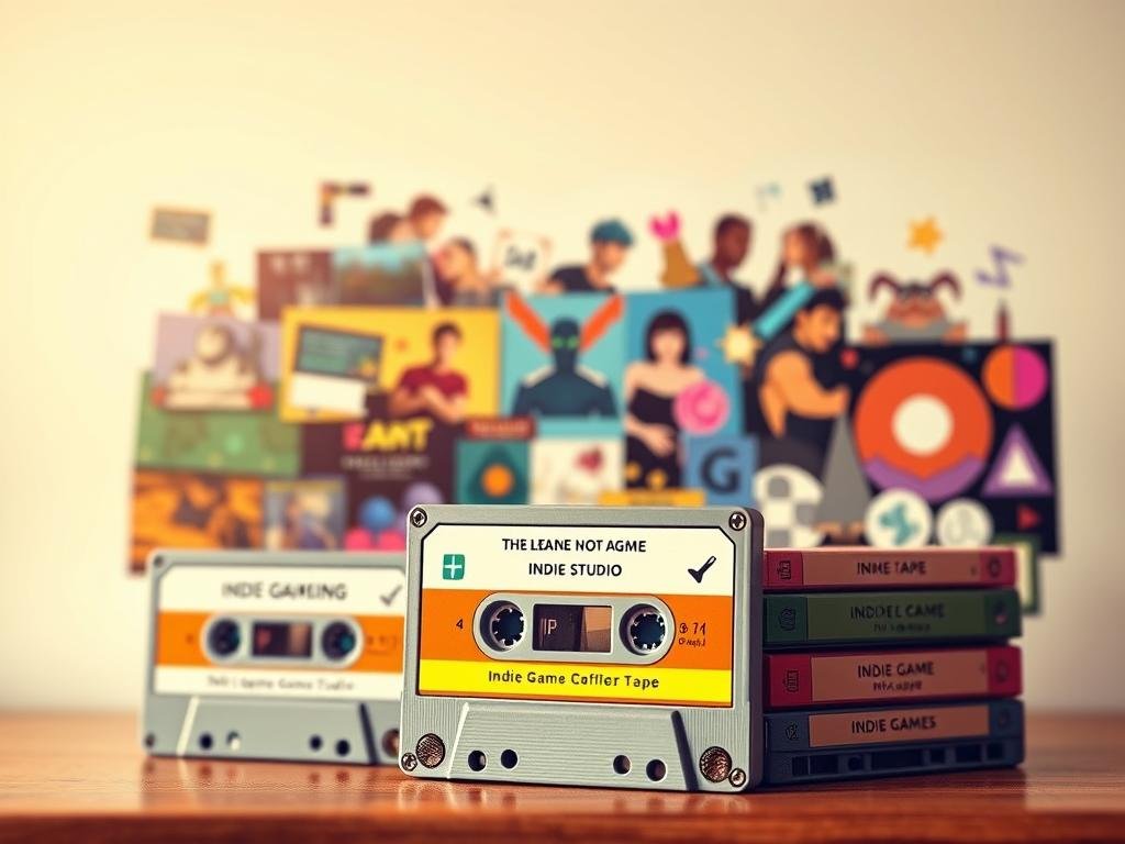 a vibrant, dynamic mixtape cover showcasing a diverse array of indie game titles. in the foreground, a stack of compact cassettes in various eye-catching colors, each labeled with the logo of a different indie game studio. the middle ground features a collage of gameplay scenes, character portraits, and vivid abstract patterns, conveying the creativity and variety of the indie gaming landscape. the background is a soft, out-of-focus gradient, adding depth and emphasizing the mixtape's central focus. the overall composition is lit with warm, golden tones, creating a retro, lo-fi aesthetic that celebrates the indie game development community.