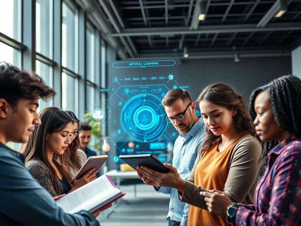 A vibrant, dynamic scene depicting continuous learning. In the foreground, a diverse group of individuals engaged in various learning activities - reading, taking notes, collaborating on a tablet. Their expressions are focused, determined, conveying a sense of continuous growth and improvement. The middle ground features a futuristic, AI-powered learning environment, with holographic displays, interactive interfaces, and state-of-the-art technologies enabling personalized, adaptive learning experiences. The background showcases a sleek, minimalist office space, with large windows allowing natural light to flood the scene, symbolizing the open, collaborative nature of the modern workplace. The overall mood is one of progress, innovation, and a shared commitment to lifelong learning and professional development.