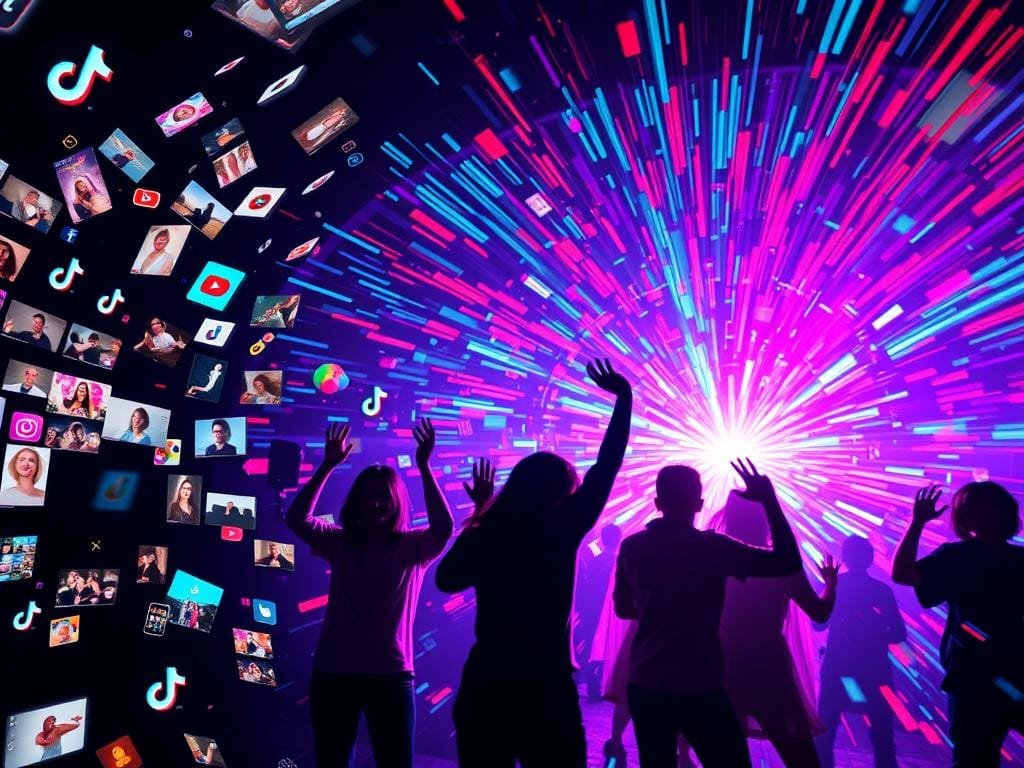A vibrant, fast-paced scene of trending TikTok content. In the foreground, a mosaic of popular video thumbnails and app icons float and morph, capturing the ever-evolving nature of digital trends. The middle ground features silhouettes of TikTok users creating content, their hands a blur of motion as they dance, lip-sync, and experiment. In the background, a swirling vortex of colorful data streams, hashtags, and viral memes create an energetic, techno-driven atmosphere. Dramatic side lighting casts dynamic shadows, emphasizing the kinetic energy. The overall composition conveys the excitement, creativity, and rapid pace of TikTok culture.