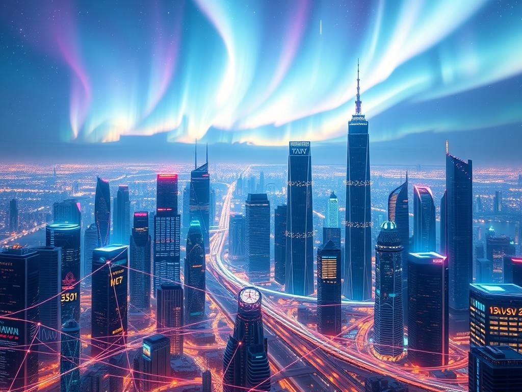 A vibrant, futuristic cityscape of interconnected blockchain networks, with layer 2 scaling solutions seamlessly integrated. In the foreground, intricate data visualizations and holographic displays showcase the efficiency and speed of these innovative technologies. The middle ground features towering skyscrapers with sleek, modern architecture, symbolizing the scalability and resilience of the layer 2 ecosystem. In the background, a captivating aurora borealis illuminates the sky, creating an ethereal, otherworldly atmosphere. The scene is bathed in a warm, neon-tinged lighting, conveying a sense of progress and technological advancement. The overall composition evokes a harmonious balance between the digital and the physical, the present and the future.