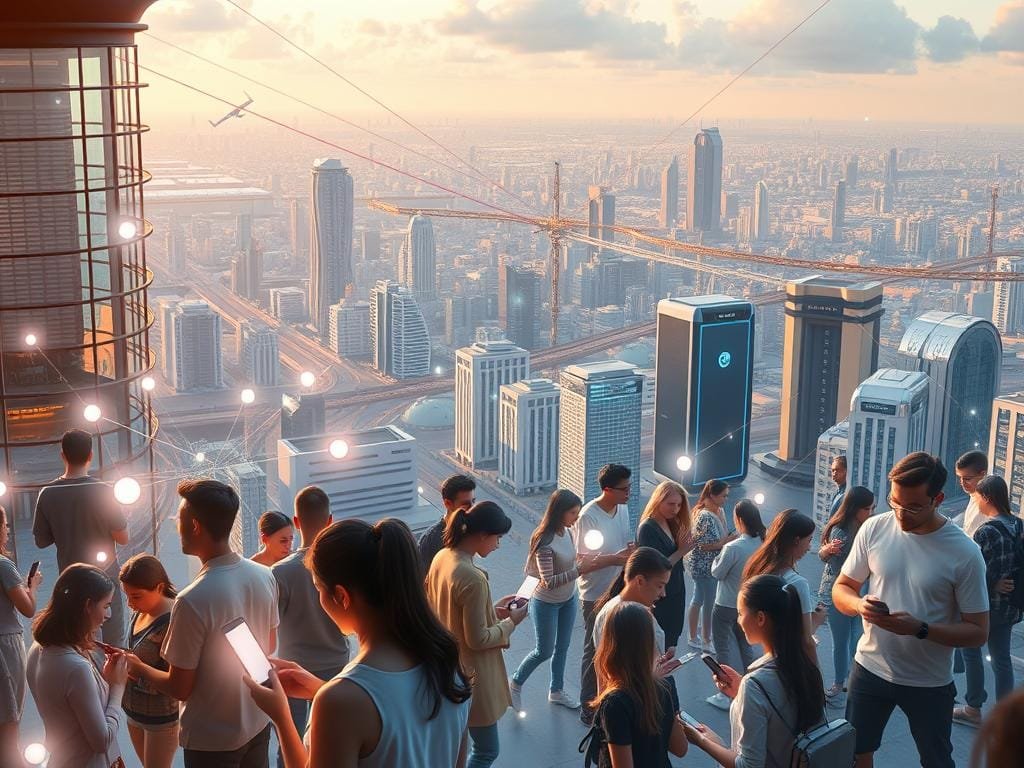 A vibrant, futuristic cityscape with decentralized social media platforms represented as a network of interconnected nodes, floating holographic interfaces, and transparent data streams. In the foreground, a diverse group of people seamlessly interacting through their personal devices, their faces illuminated by the soft glow of customizable AR overlays. The middle ground features sleek, modular architecture housing decentralized servers and blockchain-powered social applications. In the background, a panoramic view of a sprawling metropolis, its skyline punctuated by towering data centers and satellite arrays, all linked by a web of encrypted communication channels. The scene is bathed in a warm, natural lighting that creates a sense of harmony and balance, reflecting the decentralized ethos of the platforms depicted.