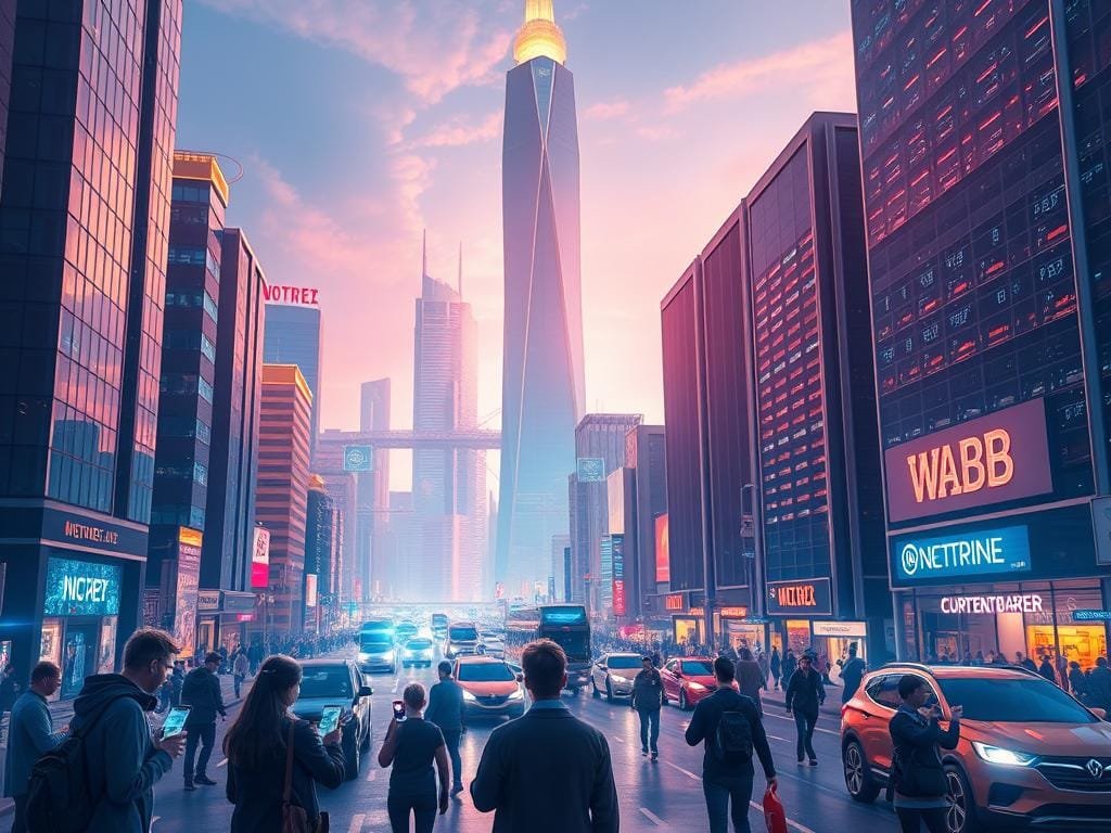 A vibrant, futuristic cityscape with gleaming skyscrapers and floating holographic interfaces. In the foreground, a group of people interacting with decentralized apps on their smartphones, their faces illuminated by the warm glow of blockchain-powered digital solutions. In the middle ground, autonomous vehicles navigating through the bustling streets, powered by self-executing smart contracts. The background is dominated by a towering data center, its servers humming with the activity of distributed ledgers and decentralized storage. The scene is bathed in a cool, neon-tinged lighting, creating an atmosphere of innovation and progress, reflecting the transformative potential of Web3 technologies.