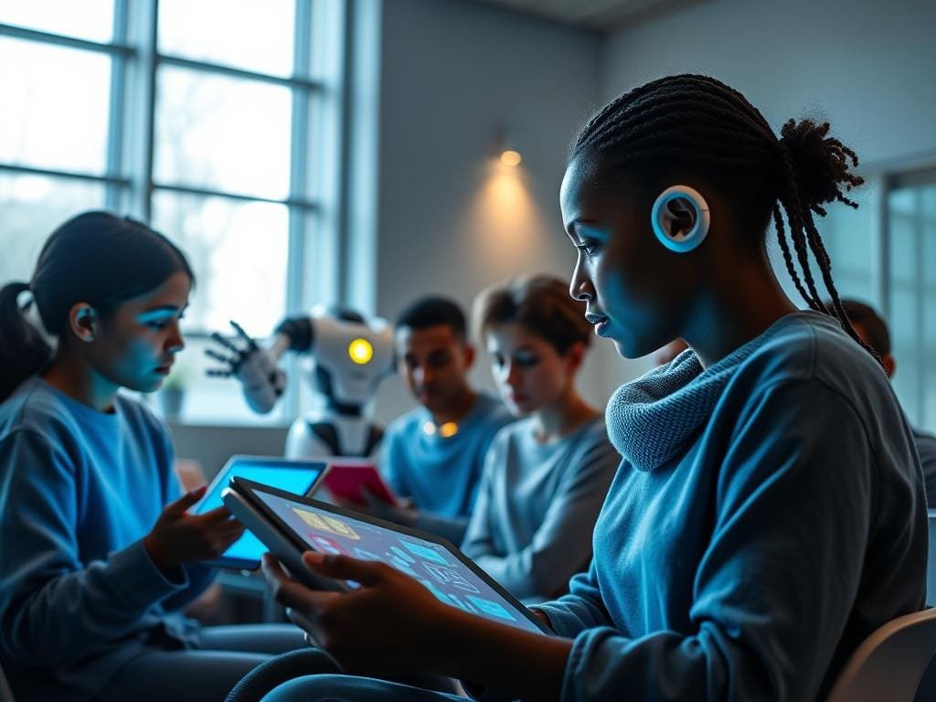 A vibrant, futuristic classroom scene showcasing the integration of AI technologies. In the foreground, students of diverse backgrounds collaborate on interactive digital tablets, their faces illuminated by the warm glow of holographic displays. In the middle ground, an AI-powered robotic tutor gestures animatedly, guiding the class through a personalized learning module. The background features sleek, minimalist architecture with large windows allowing natural light to flood the space, creating an atmosphere of modern, tech-savvy learning. Soft, diffused lighting and a subtle color palette of blues, grays, and whites convey a sense of innovation and progressive education.