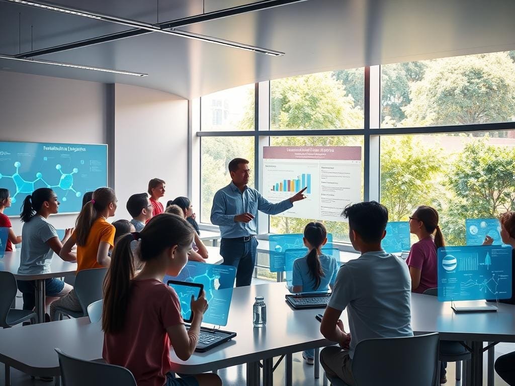 A vibrant, futuristic classroom setting with a diverse group of students and teachers interacting with holographic displays and intelligent learning interfaces. Soft, diffused lighting illuminates the scene, creating a sense of warmth and wonder. In the foreground, a student uses a tablet-like device to control a 3D projection of a molecular structure, while their classmates collaborate around interactive whiteboards. In the middle ground, an educator gestures towards a large, curved display that showcases personalized learning analytics and recommendations. The background features sleek, minimalist architecture with floor-to-ceiling windows, offering a glimpse of a lush, verdant outdoor environment, symbolizing the integration of technology and nature in this innovative educational space.