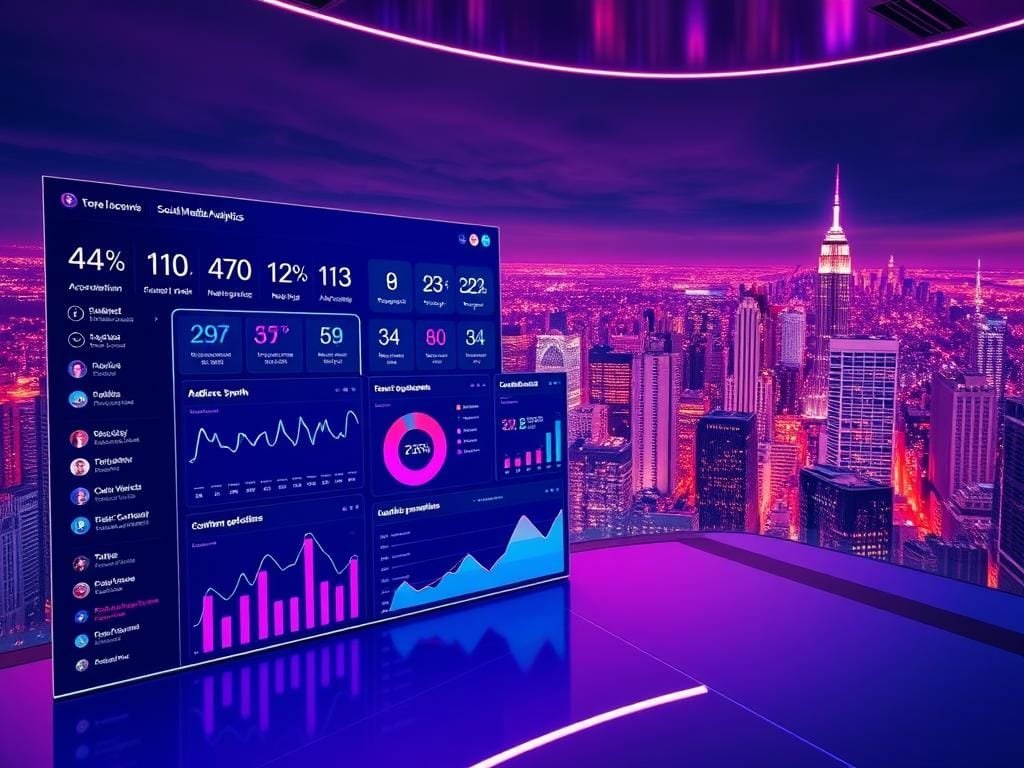 A vibrant, futuristic dashboard displaying comprehensive social media analytics data. In the foreground, a sleek, minimalist interface showcases key metrics such as audience growth, engagement rates, and content performance. The middle ground features interactive visualizations, charts, and graphs, rendered in a sophisticated, high-contrast color palette. In the background, a panoramic view of a bustling city skyline, bathed in a warm, neon-tinged glow, suggests the global, interconnected nature of social media. The scene is captured with a wide-angle lens, creating a sense of depth and immersion, and lit by a combination of soft, diffused lighting and sharper, directional highlights, highlighting the dynamism and precision of the analytics platform.