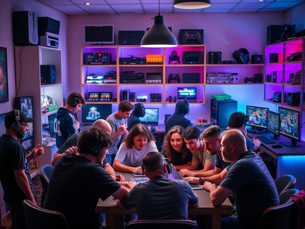 A vibrant gaming community gathered in a cozy, well-lit room. In the foreground, a group of friends huddled around a table, engaged in a lively multiplayer session, their expressions animated and competitive. The middle ground features a mix of solo players, some immersed in virtual worlds on their laptops, others chatting and exchanging strategies. In the background, shelves brimming with gaming consoles, peripherals, and a soft neon glow from RGB lighting, creating an inviting, tech-savvy atmosphere. The scene conveys a sense of camaraderie, shared passions, and the social bonds that form within the dynamic world of gaming.