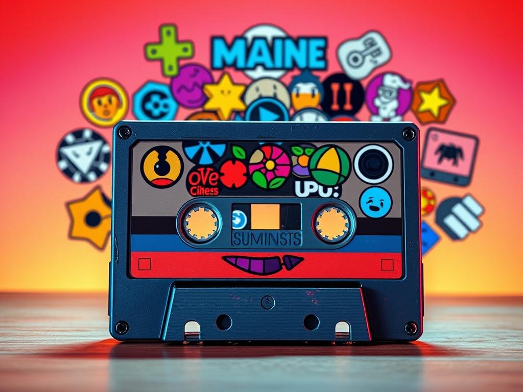 a vibrant, illustrated mixtape showcasing a diverse array of indie game logos and icons. in the foreground, a retro-styled cassette tape with a distressed, colorful design. the tape's playback controls are prominent, hinting at the interactive nature of the games. the middle ground features a collage of eye-catching game symbols, ranging from abstract shapes to iconic characters, all rendered in a bold, contemporary style. the background is a gradient of warm, saturated hues, evoking the energy and creativity of the indie game scene. subtle film grain and a slightly off-center composition add to the mixtape's authentic, handmade aesthetic. bright, dynamic lighting illuminates the entire scene, creating a sense of excitement and discovery.