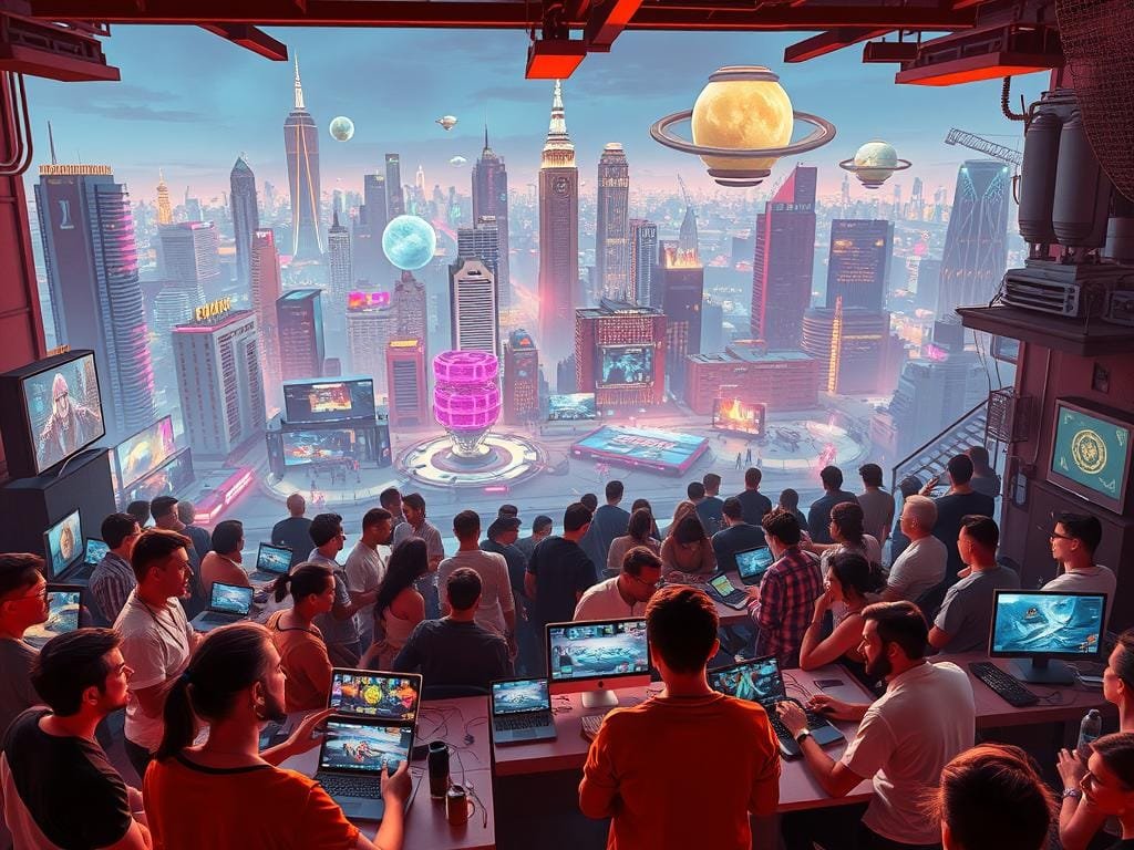 A vibrant indie game studio, bustling with activity, set against a backdrop of retro-futuristic cityscapes. In the foreground, developers passionately pitch their game ideas to a crowd of eager backers, their faces aglow with the promise of new gaming experiences. The middle ground showcases a diverse array of game prototypes and concept art, each reflecting the unique vision of the independent creators. In the background, a panoramic view of the city skyline, with neon-lit skyscrapers and floating holographic billboards, creating a sense of technological progress and creative energy. The lighting is a warm, saturated palette, evoking the excitement and optimism of the indie game crowdfunding scene.