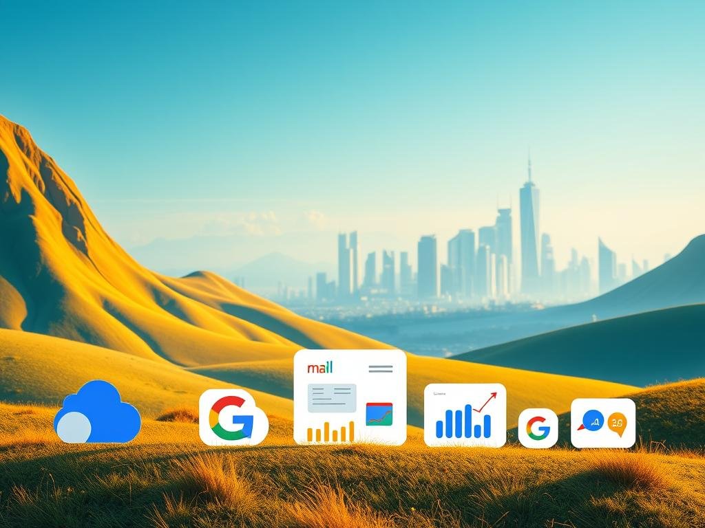 A vibrant landscape showcasing the Google Cloud Platform services. In the foreground, stylized icons representing popular GCP offerings like Compute Engine, Cloud Storage, and BigQuery stand out against a minimalist background. The middle ground features sleek data visualization dashboards and serverless functions, hinting at the platform's advanced analytics and automation capabilities. In the distance, a dynamic skyline of skyscrapers and futuristic architecture evokes the secure, scalable, and innovative nature of the Google Cloud. Warm, directional lighting illuminates the scene, creating a sense of depth and technological sophistication. The overall composition conveys the power, flexibility, and comprehensive nature of the Google Cloud Platform.