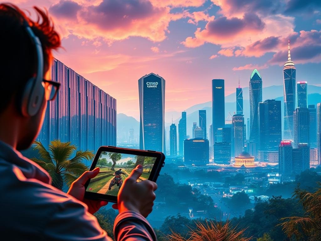 A vibrant landscape showcasing the benefits of cloud gaming. In the foreground, a gamer effortlessly streams a high-quality game on their portable device, immersed in the action. The middle ground features a sleek, futuristic data center, symbolizing the powerful infrastructure powering the cloud gaming experience. In the background, a cityscape with towering skyscrapers and glowing neon lights, representing the accessibility and ubiquity of cloud gaming across urban environments. The scene is bathed in a warm, futuristic glow, conveying the seamless, cutting-edge nature of cloud gaming. Cinematic lighting and a sense of depth create a visually striking and compelling image.