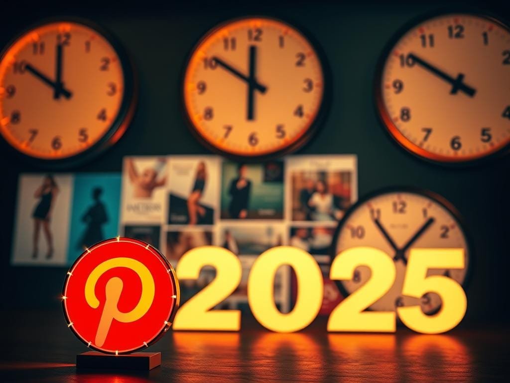 A vibrant, meticulously composed scene depicting the optimal times to post on Pinterest in 2025. The foreground features a stylized Pinterest logo, its iconic red "P" surrounded by a halo of glowing lights, subtly conveying the platform's allure. The middle ground showcases an array of enticing, visually striking Pinterest posts - an eclectic mix of fashion, food, and home decor images. In the background, a series of analog clocks display the most effective posting times, with the hands precisely positioned to highlight the key moments. The overall composition is bathed in a warm, golden-hued lighting, creating a sense of timelessness and digital tranquility. The scene exudes a sleek, modern aesthetic, reflecting the evolution of social media trends in the years ahead.
