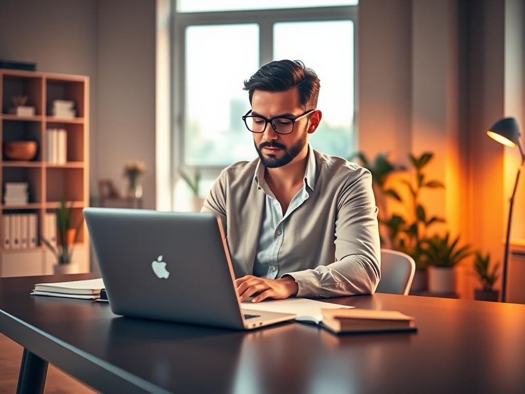 A vibrant, modern office setting with a stylish desk, a sleek laptop, and a professional-looking person deeply engaged in AI-powered content creation. The scene is illuminated by warm, diffused lighting from a large window, casting a soft glow on the subject. In the background, a minimalist bookshelf and a few potted plants add a touch of natural elegance. The overall atmosphere conveys productivity, creativity, and the power of AI-assisted writing tools. The person's focused expression and body language suggest the seamless integration of technology and human expertise, reflecting the essence of "Grammarly: Your Writing Companion".